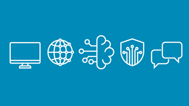 Eine Infografik mit fünf Bereichen der IT-Arbeit in der Bundesverwaltung. Jedes Thema wird durch ein minimalistisches Icon dargestellt: Computerbildschirm für Planung, Entwicklung und IT-Projektmanagement, Vernetzte Kugel für IT-Infrastruktur und Netzwerke, Gehirn mit Datenströmen für Künstliche Intelligenz und Data Science, Schloss für Cybersicherheit, Chat-Fenster für Support.