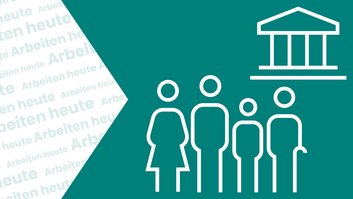 Links steht: Arbeiten heute. Rechts sieht man Figuren von Menschen im unterschiedlichen Alter. Über diesen sieht man ein Gebäude. Die Figuren sollen generationenübergreifendes Arbeiten in der Bundesverwaltung symbolisieren.