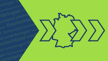 Deutschland voranbringen steht links im Bild. Es folgt ein Pfeil, der nach rechts zeigt, dann ein Umriss der Deutschland-Karte. Danach folgen wieder zwei Pfeile. Sie zeigen, dass es vorangeht.