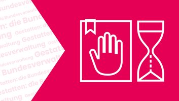 Links steht: Gestatten: die Bundesverwaltung. Rechts sieht man eine Hand auf einer Akte, die "Stopp" signalisiert und eine Sanduhr. Das soll symbolisieren, dass es um Altersgrenzen im öffentlichen Dienst geht. Im Artikel erfährt man mehr darüber.