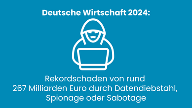 Grafik zum wirtschaftlichen Schaden durch Cyberkriminalität in Deutschland. Text: ‚Deutsche Wirtschaft 2024: Rekordschaden von rund 267 Milliarden Euro durch Datendiebstahl, Spionage oder Sabotage.‘ Quelle: Bitkom, 2024.