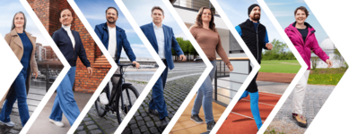 Team aus Bundesangestellten mit Fahrrad vor modernen Behördengebäuden symbolisiert nachhaltige Mobilität und zeitgemäße Verwaltung