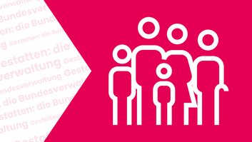 Links steht: Gestatten: die Bundesverwaltung. Rechts sind gezeichnete Menschen zu sehen: junge Menschen, mittelalte Menschen und ältere Menschen.