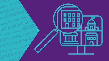 Links steht: Einblicke und Eindrücke. Rechts sieht man eine Lupe, die auf einen Bildschirm mit unterschiedlichen Häusern und Gebäuden gerichtet ist – die Häuser und Gebäude stehen symbolisch für die Bundesverwaltung.