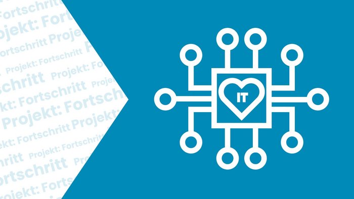 Links steht: Projekt Fortschritt. Rechts sieht man eine grafische Darstellung eines Netzwerks mit verbundenen Knotenpunkten und einem Herz-Symbol mit IT-Schriftzug in der Mitte, symbolisiert IT-Jobs im öffentlichen Dienst.