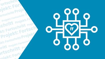 Links steht: Projekt Fortschritt. Rechts sieht man eine grafische Darstellung eines Netzwerks mit verbundenen Knotenpunkten und einem Herz-Symbol mit IT-Schriftzug in der Mitte, symbolisiert IT-Jobs im öffentlichen Dienst.