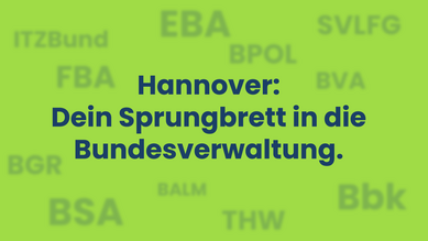 Grafische Darstellung zu den zahlreichen Karrieremöglichkeiten in den Bundesbehörden in Hannover. Im Zentrum steht der Schriftzug: "Hannover: Dein Sprungbrett in die Bundesverwaltung." Im Hintergrund sind die Abkürzungen der in Hannover ansässigen Bundesbehörden als Wortwolke dargestellt: Bundesverwaltungsamt (BVA), Informationstechnikzentrum Bund (ITZBund), Bundesanstalt für Geowissenschaften und Rohstoffe (BGR), Bundessortenamt (BSA), Bundesamt für Logistik und Mobilität (BALM), Eisenbahn-Bundesamt (EBA), Fernstraßen-Bundesamt (FBA), Technisches Hilfswerk (THW), Sozialversicherung für Landwirtschaft, Forsten und Gartenbau (SVLFG), Bundespolizei (BPOL) und Deutsche Bundesbank (BBk).
