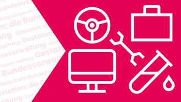 Links steht: Gestatten: die Bundesverwaltung. Rechts sieht man verschiedene Symbole: Einen Hammer, einen Erlenmeyerkolben, eine Aktentasche, ein Lenkrad und einen Monitor. Diese Symbole sollen die Vielfalt der Karrieremöglichkeiten in der Bundesverwaltung zeigen. Darum geht es auch im folgenden Text.