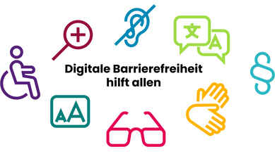 Grafische Darstellung mit dem Titel „Digitale Barrierefreiheit hilft allen“. Um den Schriftzug „Digitale Barrierefreiheit hilft allen“ im Zentrum sind kreisförmig verschiedene Symbole angeordnet, die Aspekte der digitalen Barrierefreiheit repräsentieren. Darunter befinden sich Icons für Untertitel, Gebärdensprache, Screenreader und weitere barrierefreie Technologien.