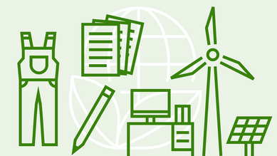 Infografik mit verschiedenen Icons von Beispielprodukten, die Teil der Beschaffung sind. Es zeigt die Vielfalt der nachhaltigen Produkte, z. B. Arbeitskleidung, Papier, Stifte etc.