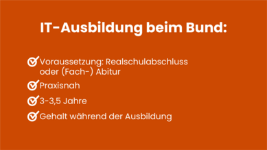 Grafik zur IT-Ausbildung in der Bundesverwaltung. Die Ausbildung setzt einen Realschulabschluss oder (Fach-)Abitur voraus, ist praxisnah, dauert in der Regel 3 oder 3,5 Jahre und es gibt Gehalt während der Ausbildung.