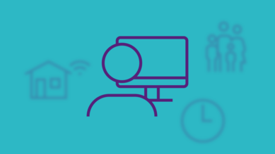 Illustration einer Person bei mobiler Arbeit, mit Symbolen für Homeoffice (Haus mit WLAN), flexible Arbeitszeit (Uhr) und familiäre Verpflichtungen (Erwachsene mit Kind).
