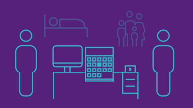 Illustration von zwei Personen im Jobsharing an einem geteilten Schreibtisch, mit einem Kalendersymbol zwischen ihnen. Im Hintergrund stehen Icons für Pflege (Bett mit liegender Person) und Icon als Symbol für familiäre Verpflichtungen (vierköpfige Familie).
