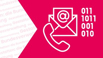 Beitragsbild des Blogbeitrags Arbeiten in IT und Telekommunikation. Links steht: Gestatten: die Bundesverwaltung. Rechts sieht man verschiedene Symbole, die auf dieses Thema hinweisen: Telefonhörer, Briefumschlag, das @-Zeichen und Nullen und Einsen. 