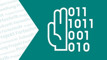 Links steht: Projekt Fortschritt. Rechts sieht man eine Hand mit mehreren Nullen und Einsen, die symbolisch für IT-Projekte stehen.