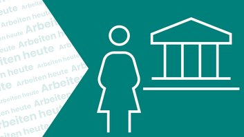 Links steht: Arbeiten heute. Rechts sieht man die Symbole einer Frau sowie eines Gebäudes, die sinnbildlich für Frauen im öffentlichen Dienst auf Bundesebene stehen sollen.