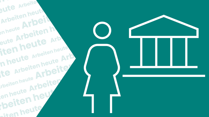 Links steht: Arbeiten heute. Rechts sieht man die Symbole einer Frau sowie eines Gebäudes, die sinnbildlich für Frauen im öffentlichen Dienst auf Bundesebene stehen sollen.