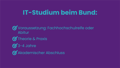 Grafik zum IT-Studium in der Bundesverwaltung. Das duale Studium setzt die Fachhochschulreife oder Abitur voraus, vereint Theorie und Praxis, dauert in der Regel 3 oder 4 Jahre und am Ende steht ein akademischer Abschluss.