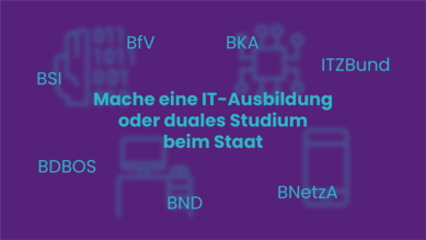 Grafik mit Bundesbehörden, die IT-Ausbildungen und duale Studiengänge im Bereich IT anbieten. Dazu gehören zum Beispiel: das Bundesamt für Sicherheit in der Informationstechnik (BSI), das Bundesamt für Verfassungsschutz (BfV), die Bundesanstalt für den Digitalfunk der Behörden und Organisationen mit Sicherheitsaufgaben (BDBOS), der Bundesnachrichtendienst (BND), die Bundesnetzagentur (BNetzA), das Bundeskriminalamt (BKA) und das Informationstechnikzentrum Bund (ITZBund).