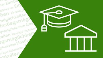 Links steht: Einstiegsmöglichkeiten. Rechts sieht man einen Hut und ein Gebäude, welche zusammen ein duales Studium an der Hochschule des Bundes darstellen sollen.