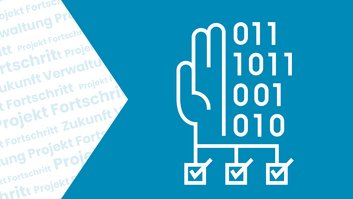 Links steht: Projekt: Fortschritt. Rechts sieht man eine angedeutete Hand und mehrere Einsen und Nullen, darunter sieht man drei Checkboxen mit Haken – alles ist miteinander verbunden.