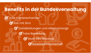 Grafik mit dem Titel 'Benefits in der Bundesverwaltung' zeigt eine Liste der Vorteile: Job mit Sinn, gute Karrierechancen, faire Bezahlung, Sozialleistungen und Altersvorsorge, Arbeitsplatzsicherheit und Work-Life-Balance. Im Hintergrund sind passende Icons zu jedem Benefit abgebildet.
