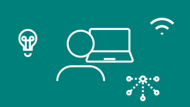 Illustration einer Person im Remote-Job mit Symbolen für mobiles Arbeiten (WLAN), Kreativität (Glühbirne) und ortsunabhängige Tätigkeit (Verbindungslinien zwischen mehreren Punkten).