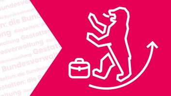 Links steht: Gestatten: die Bundesverwaltung. Rechts ist das Wappen des Landes Berlin zu sehen.
