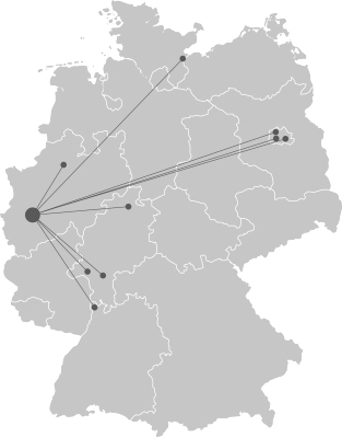 Die Fachbereiche der Hochschule und ihre Standorte, markiert auf einer Deutschland-Karte.